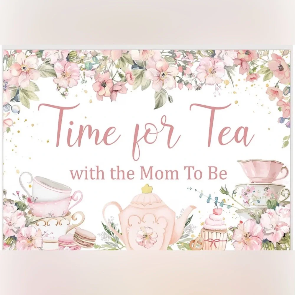 Time for Tea Pink Floral Baby Shower Sign banner